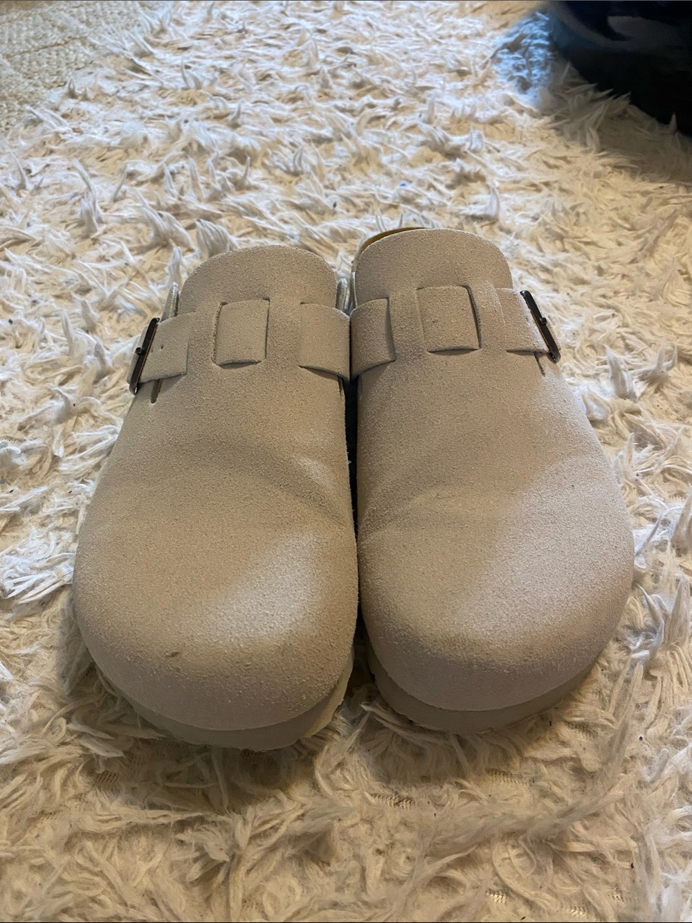 Beige Suede Slip-On Clogs with Buckle Detail
